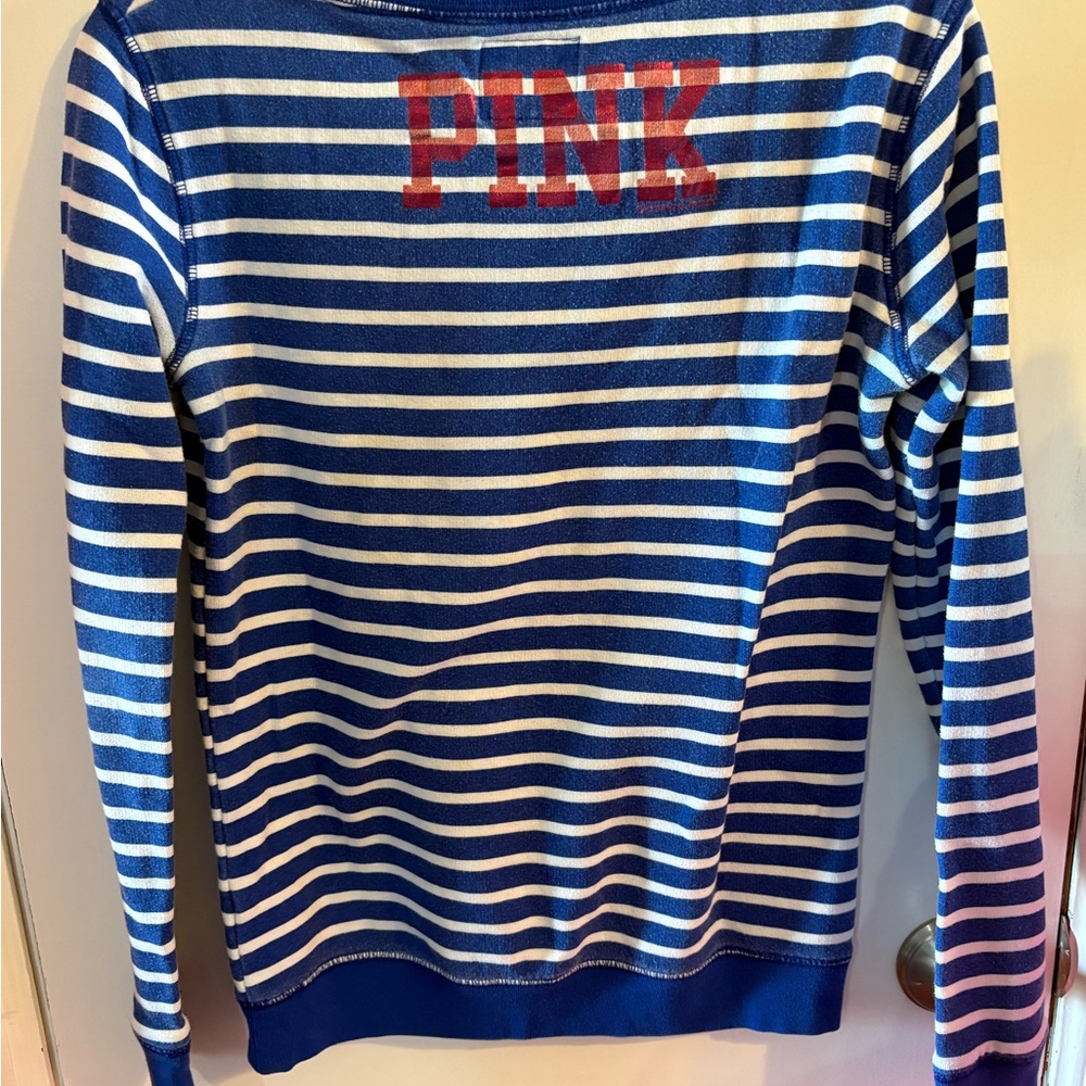PINK Victoria Secret Blue and White Striped Kansas Jayhawks Sweatshirt - Picture 2 of 5